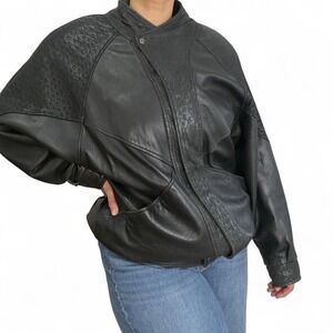 Vintage Black Leather Jacket Textured Panel Oversized Fit M Korean Made 90s